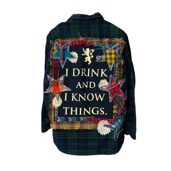 Upcycled Flannel Shirt Shacket Womens 1X Grunge Patchwork Folk Art Drink Camp - Picture 12 of 15